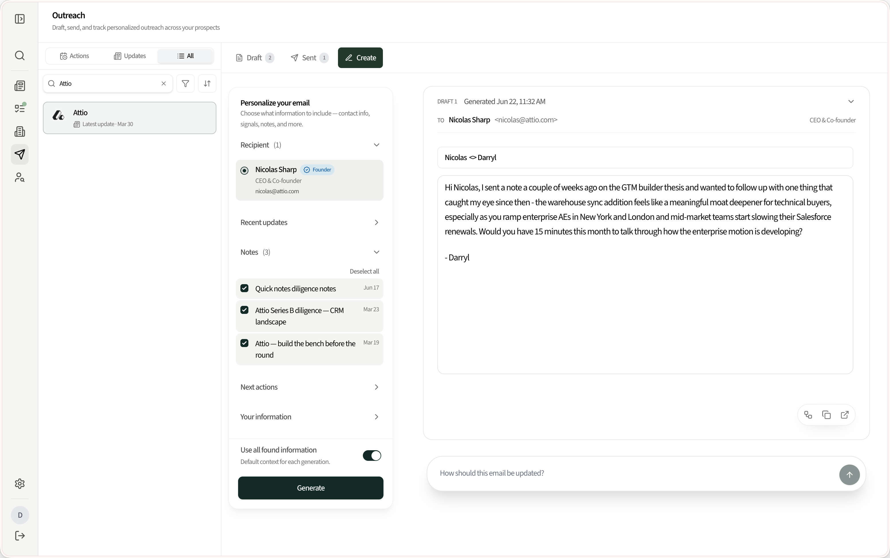 A drafted outreach email generated in your voice, ready to review and send